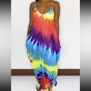 NEW size 6 maxi tank dress tie dye bright stretch pockets